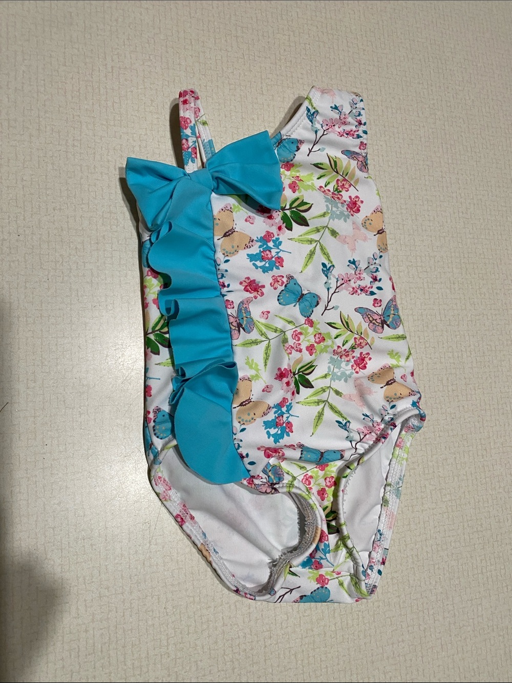 Baby White Floral & Turquoise Bow One-Piece Swimsuit